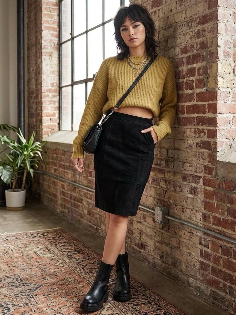 Y2K Vintage G-III Black Genuine Suede Skirt, Snap Pleat. Size 9-10